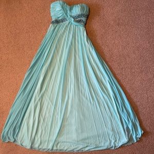 Jodi Kristopher blue strapless evening gown